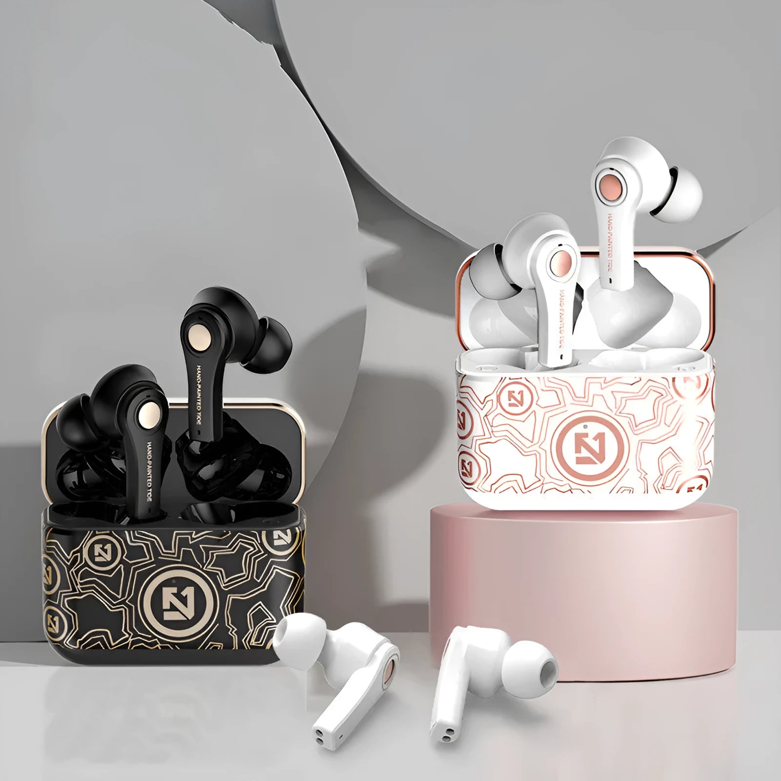Black and white TWS touch in-ear wireless headphones with a charging case on a table.