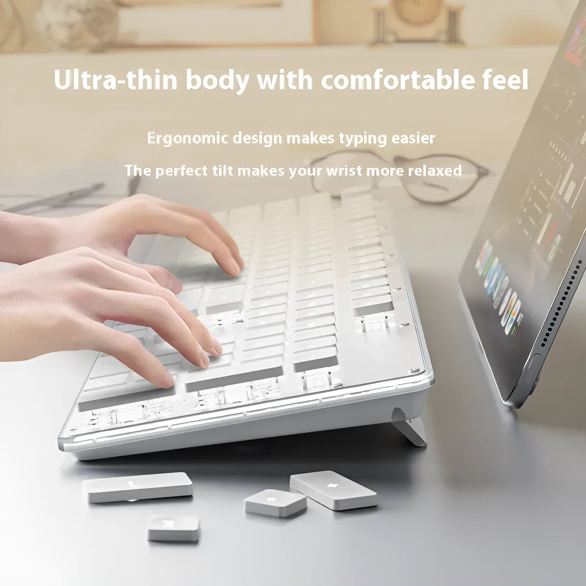Wired mute keyboard with mechanical feel, ABS construction, 44x13x2cm, white light variant on desk