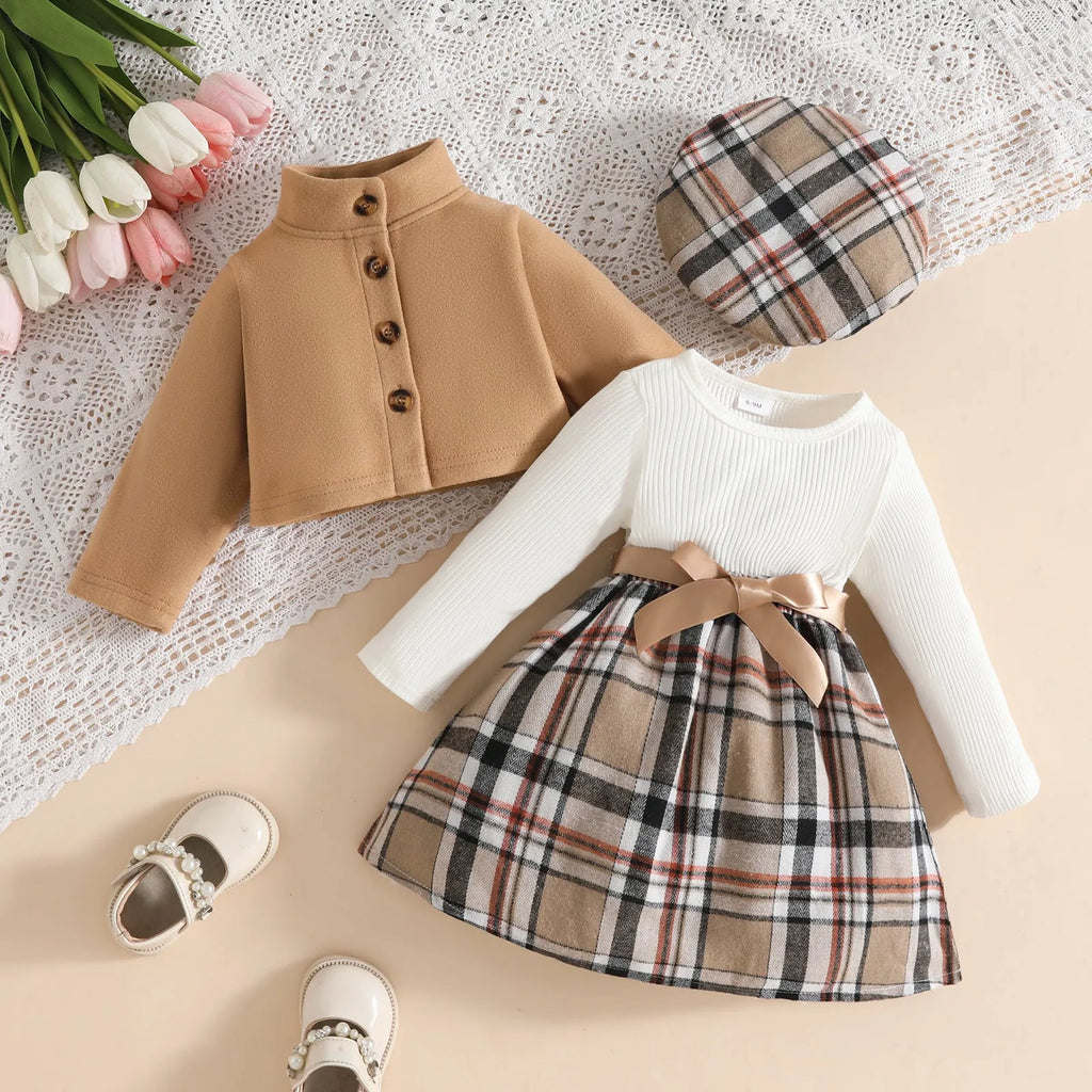 Baby girl plaid wool coat dress and beret set in light brown with stand collar and long sleeves
