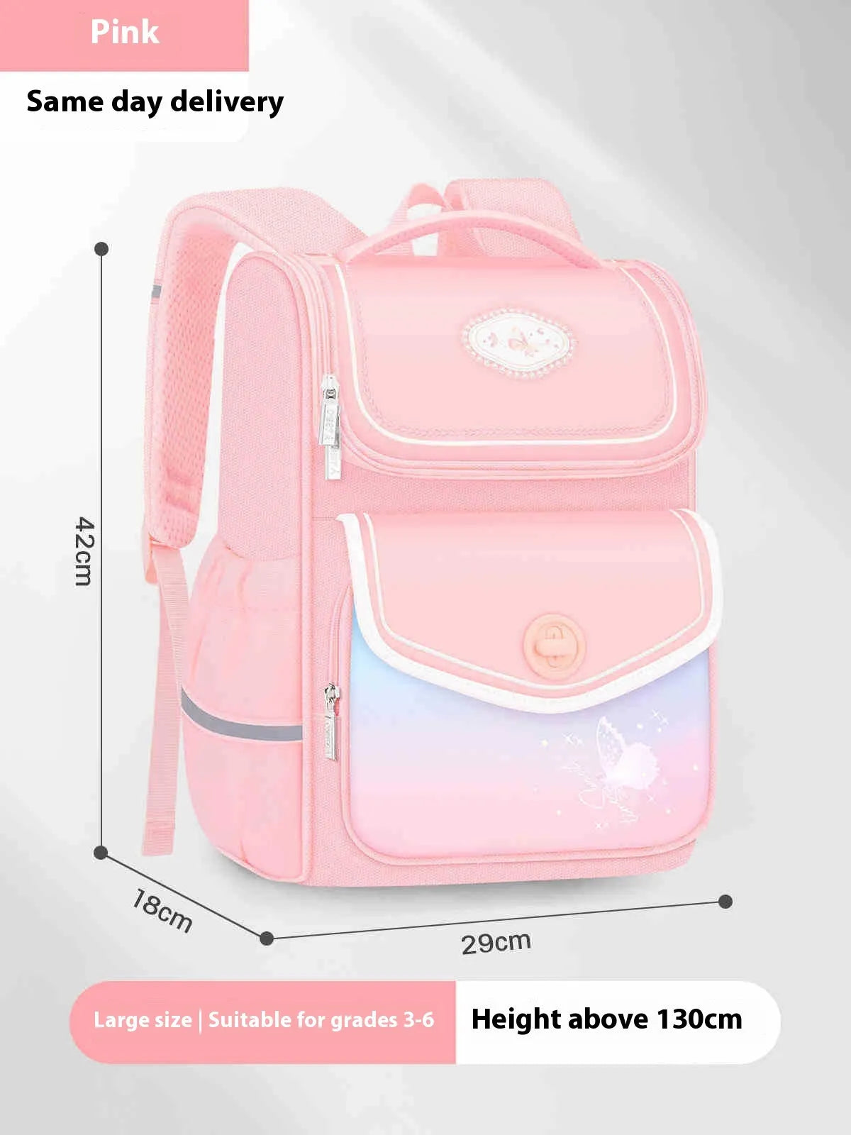 Pink waterproof Oxford cloth school backpack for primary school girls with large capacity.