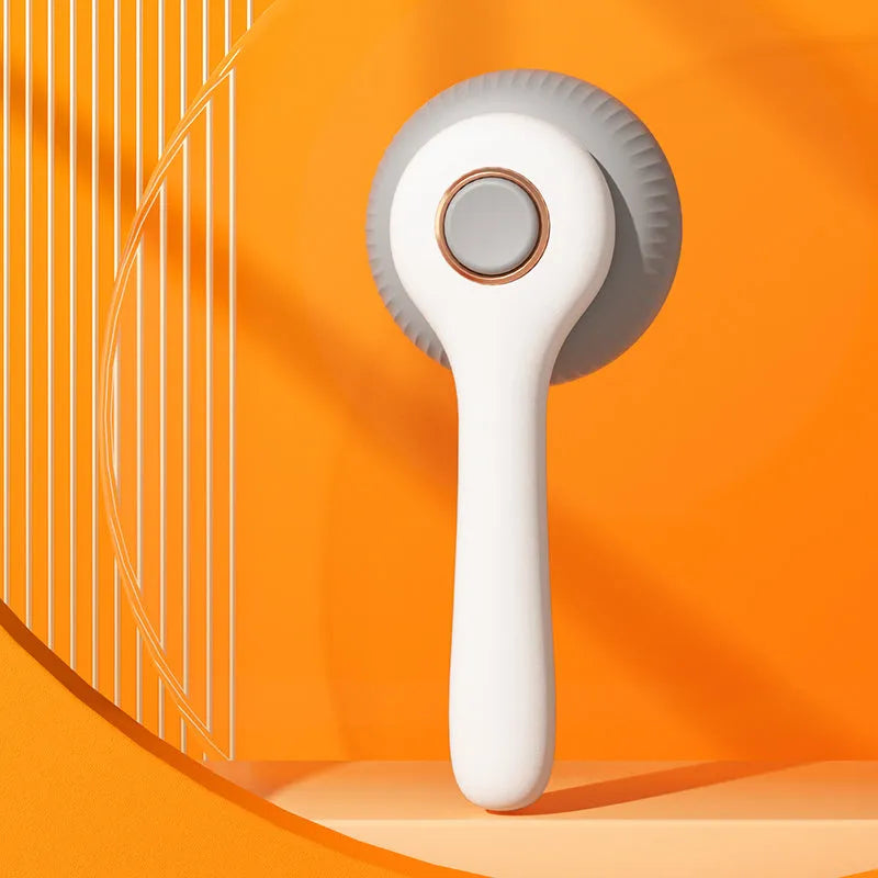 Blue and white self-cleaning pet grooming brush with retractable bristles for cats and dogs.