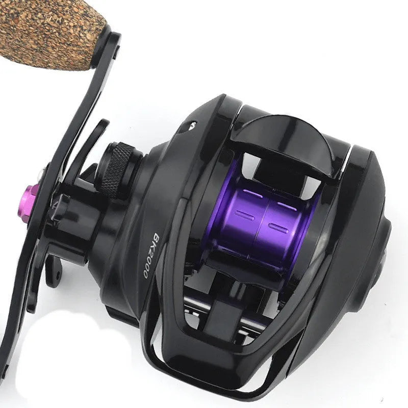 BK water drop wheel fishing reel with ceramic line outlet, metal spool, and cork grip on dark background