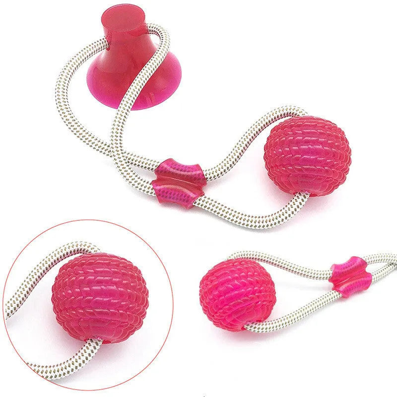 Pet dog rubber sucker molar toy in five colours blue green orange purple red on a light background