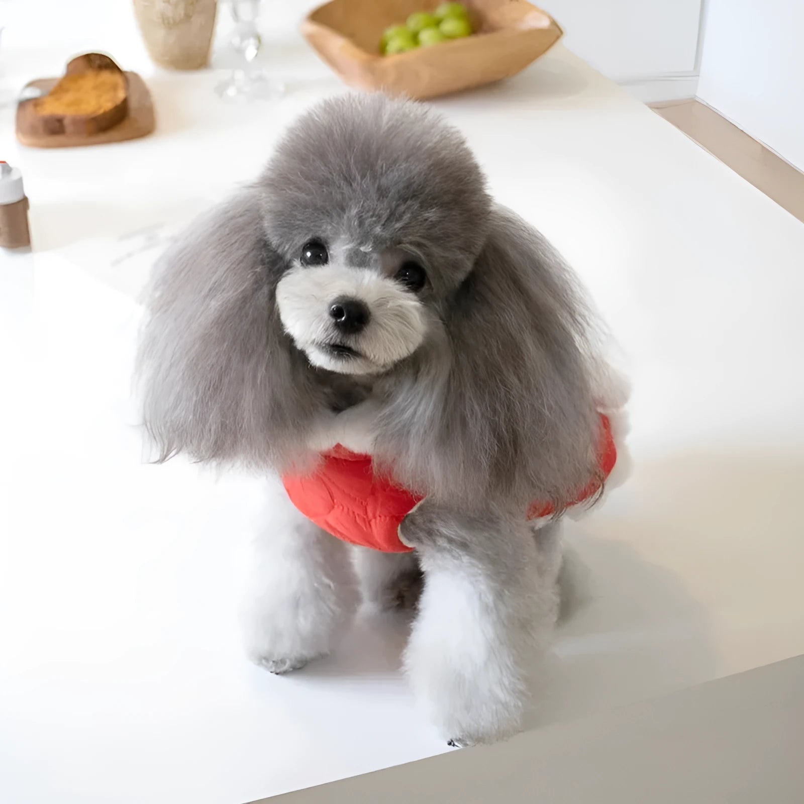 Red Chinese-style pet clothing with thick faux fur collar and decorative knot detail