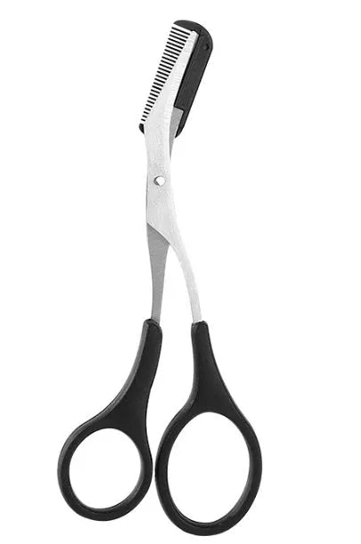 Black eyebrow trimmer set with stainless steel blade and compact 14x10x2cm size on a plain background.