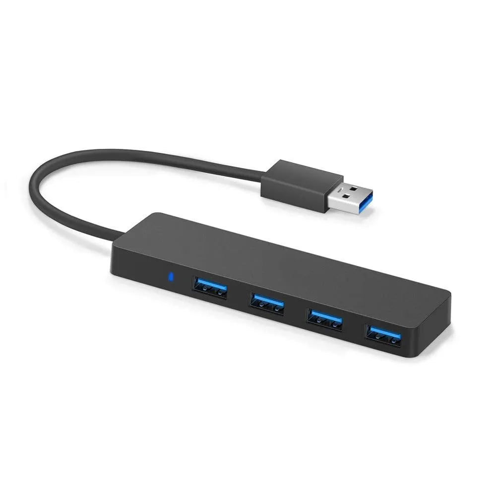 Black USB 3.0 hub with four ports, a 30cm cable, and LED status indicators next to each port.