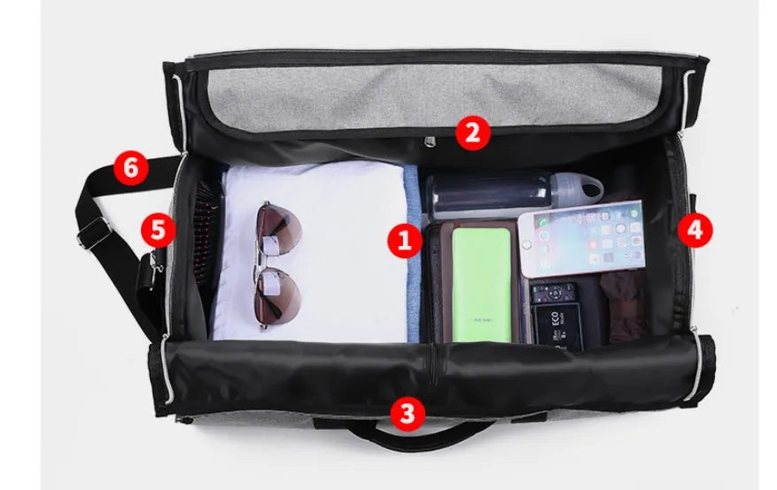 Medium cylinder travel bag in Oxford cloth with zipper closure, available in blue, red, light grey, and black