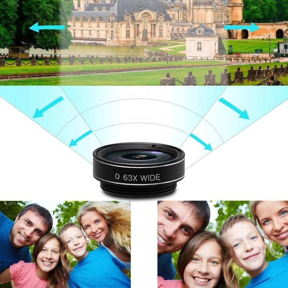 Black ten-in-one set of external clip-on camera lenses for mobile phones on a table.