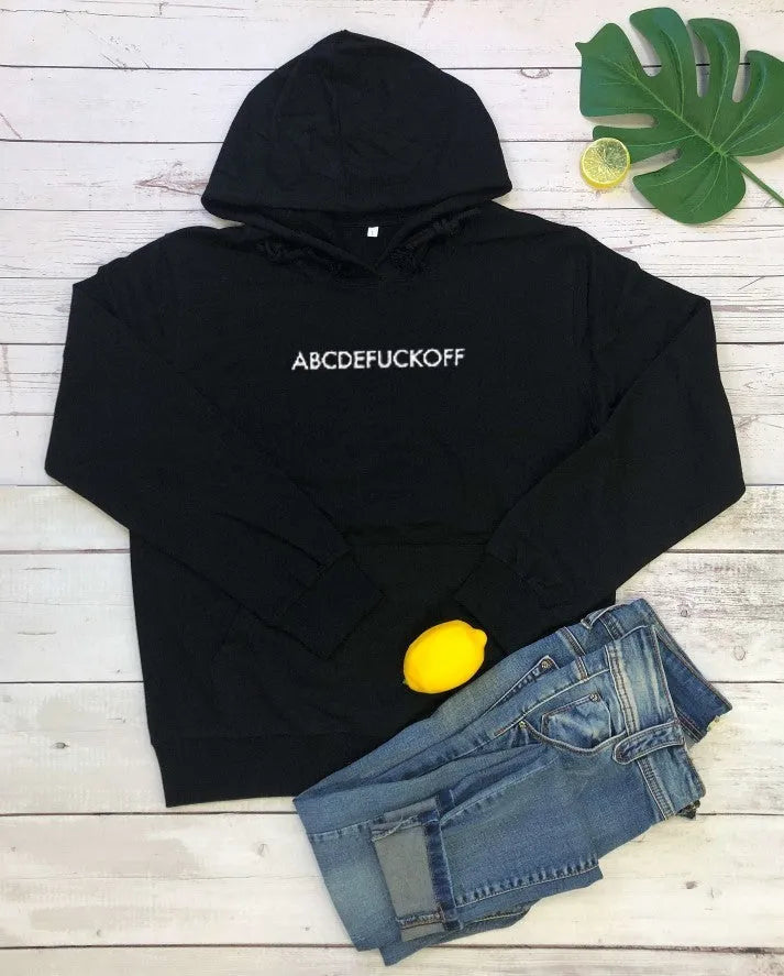ABCDEFUCKOFF cotton pullover hoodie in black, front view, available in sizes S to 3XL