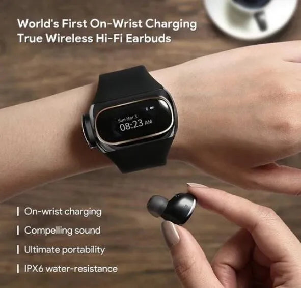 2 in 1 wireless earphone bracelet in black with silicone band and earbuds on wrist