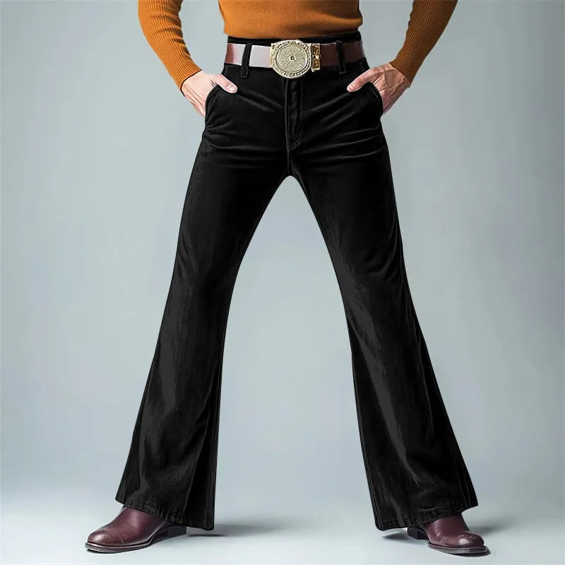 Men's gold velvet slim flared suit pants in black colour showing slight flare detail