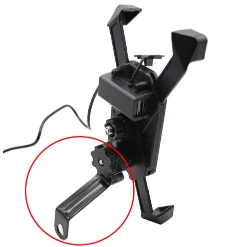 Black motorcycle phone holder with adjustable clamp and USB charging port mounted on handlebars