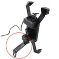 Black motorcycle phone holder with adjustable clamp and USB charging port mounted on handlebars