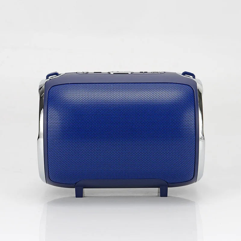 Portable metal subwoofer with 2.1 channel audio, battery power, Bluetooth, USB and FM inputs in black blue golden red silver colours