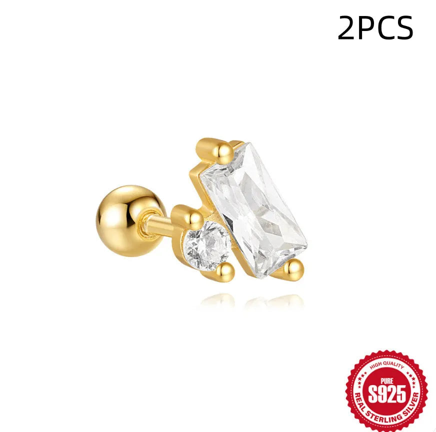 S925 sterling silver flower stud earrings with square gravel setting in golden electroplated finish