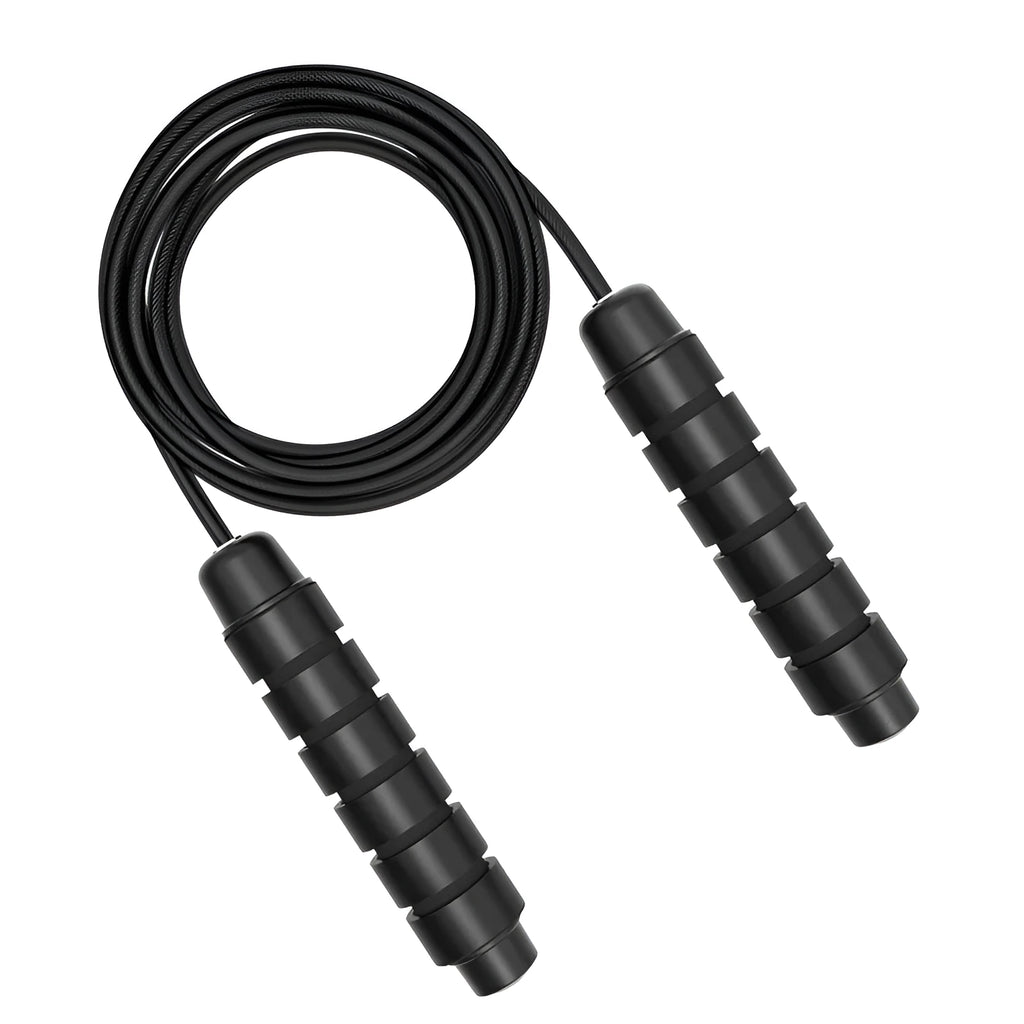 Steel wire skipping rope with black foam handles on a flat surface, showing 3m length and 4mm rope diameter
