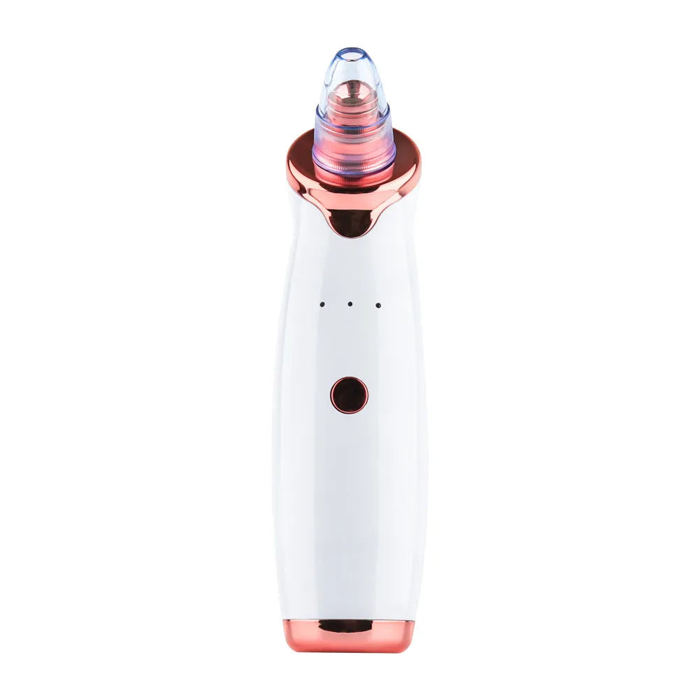 Black, gold, red, or white coloured electric blackhead removal tool with multiple nozzle tips