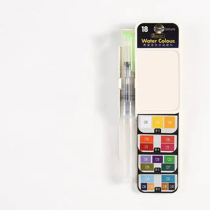 Solid watercolour paint set in a fan-shaped foldable palette inside a transparent plastic box with fountain pen and sponge.
