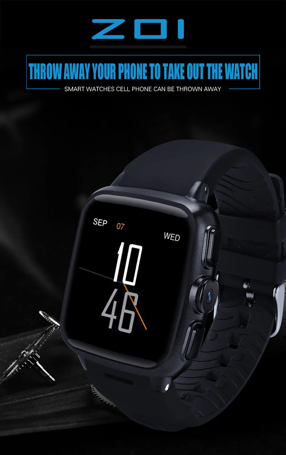 Z01 smart watch in black or white with a 1.54-inch touchscreen on a wrist.