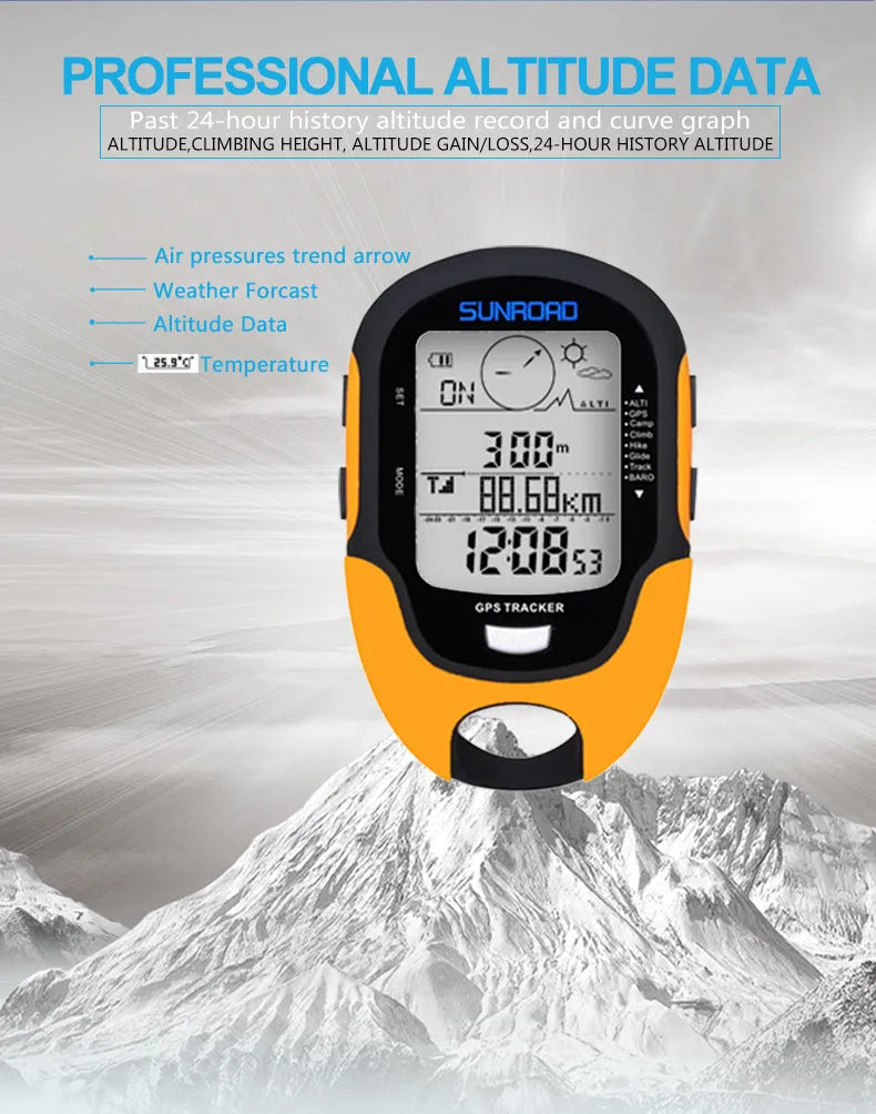 Yellow outdoor navigation altimeter with electronic compass and air pressure display on a rock