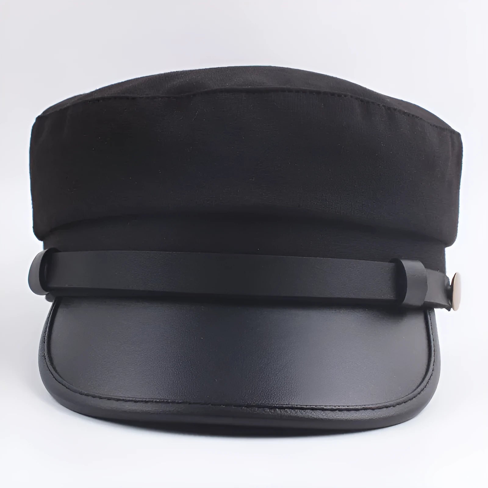 Navy imitation leather peaked cap with flat brim, dome crown, size M 56-58cm, front view