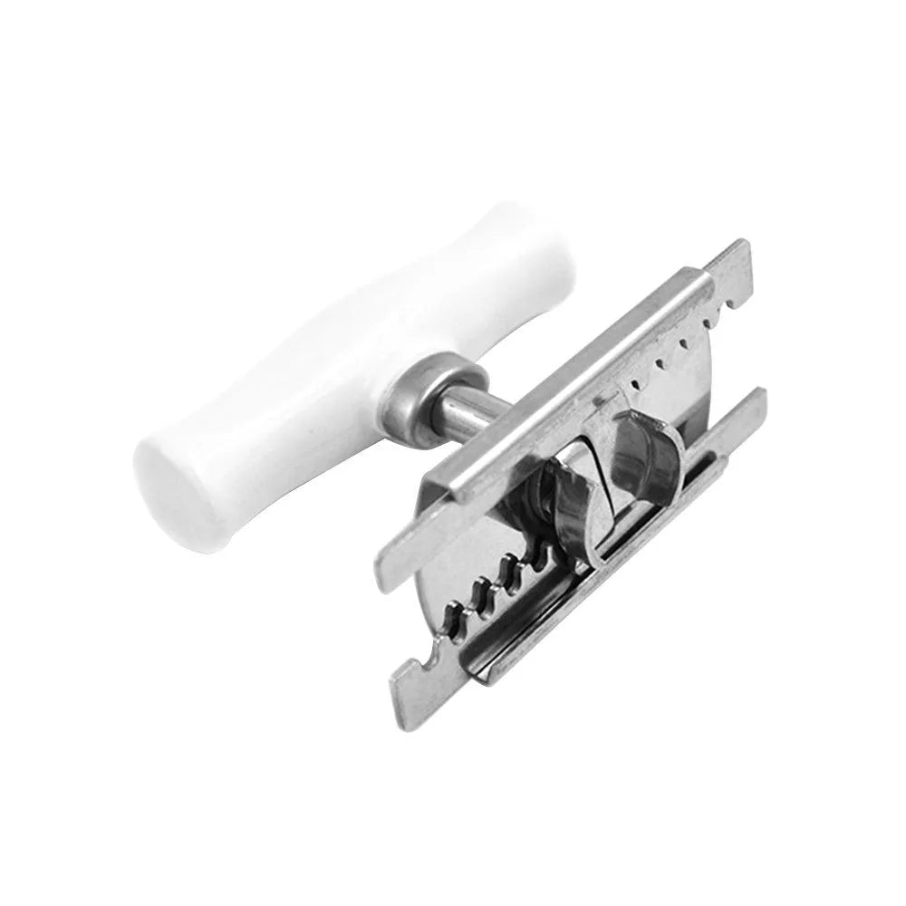 White stainless steel adjustable bottle cap opener with PP handle showing gear mechanism