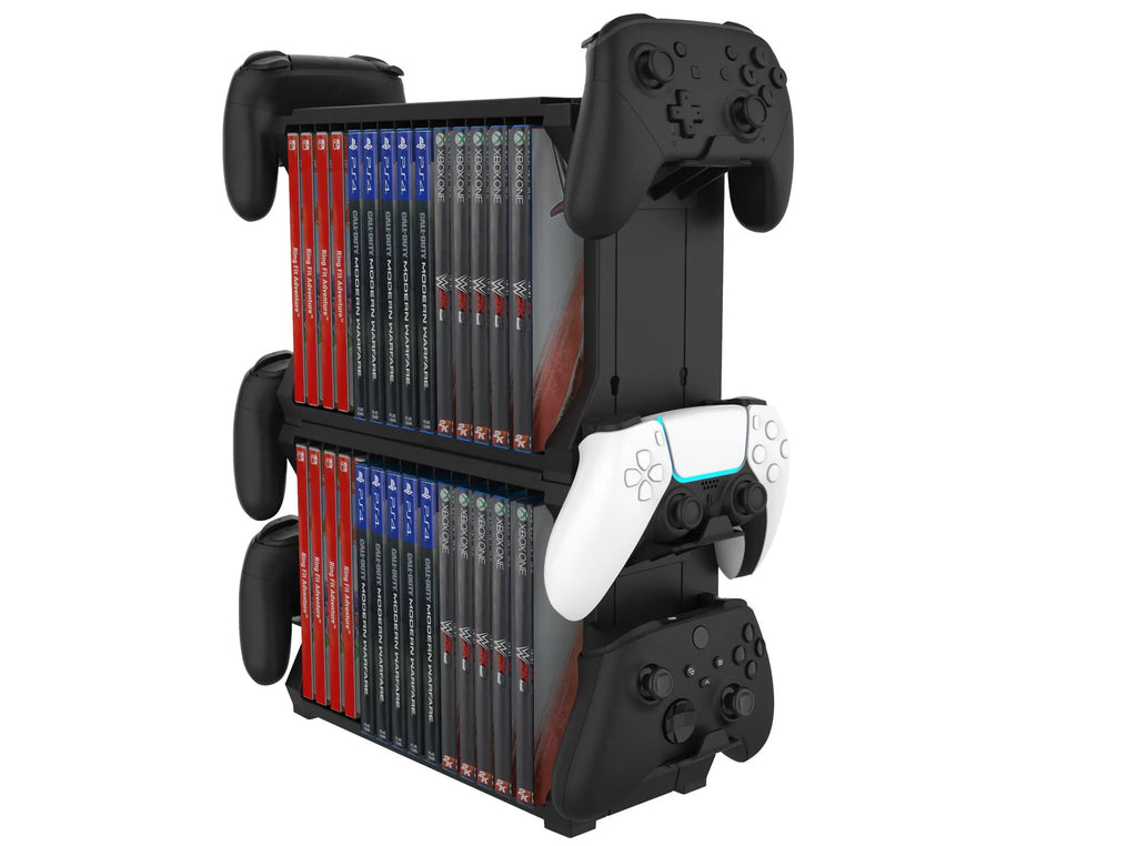 Black PS5 and Xbox Series X disc holder stand with slots for game cases and four controllers.