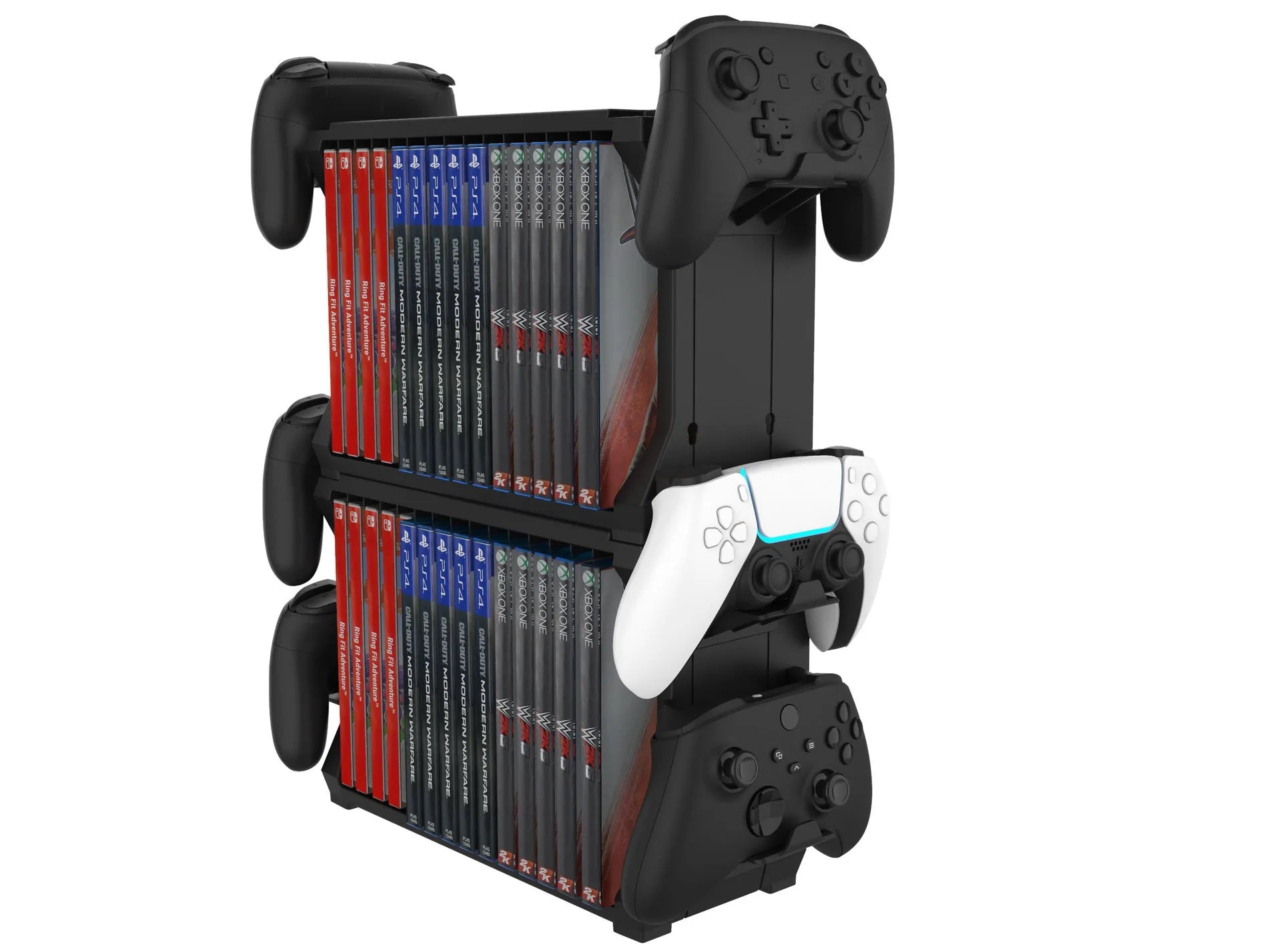Black PS5 and Xbox Series X disc holder stand with slots for game cases and four controllers.