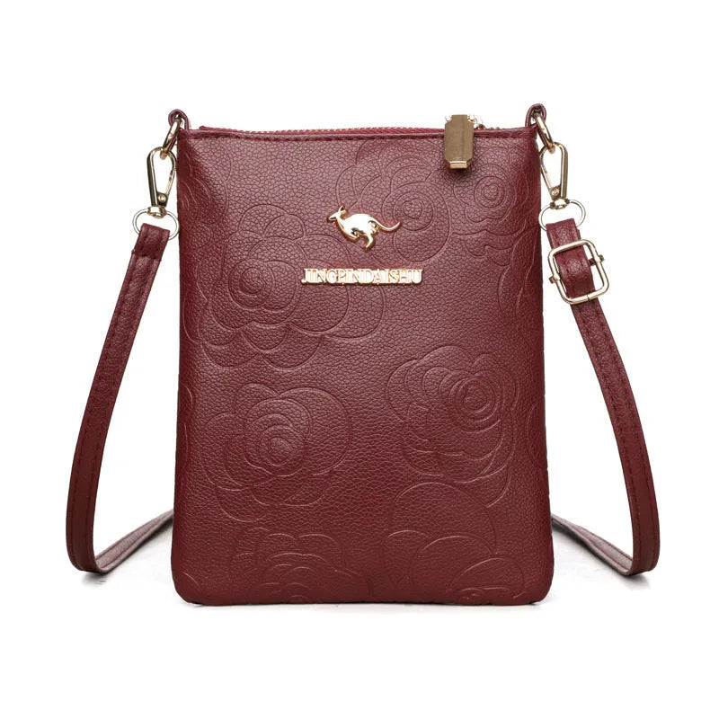 Square black rose pattern PU shoulder messenger bag with file organiser interior and shoulder strap.