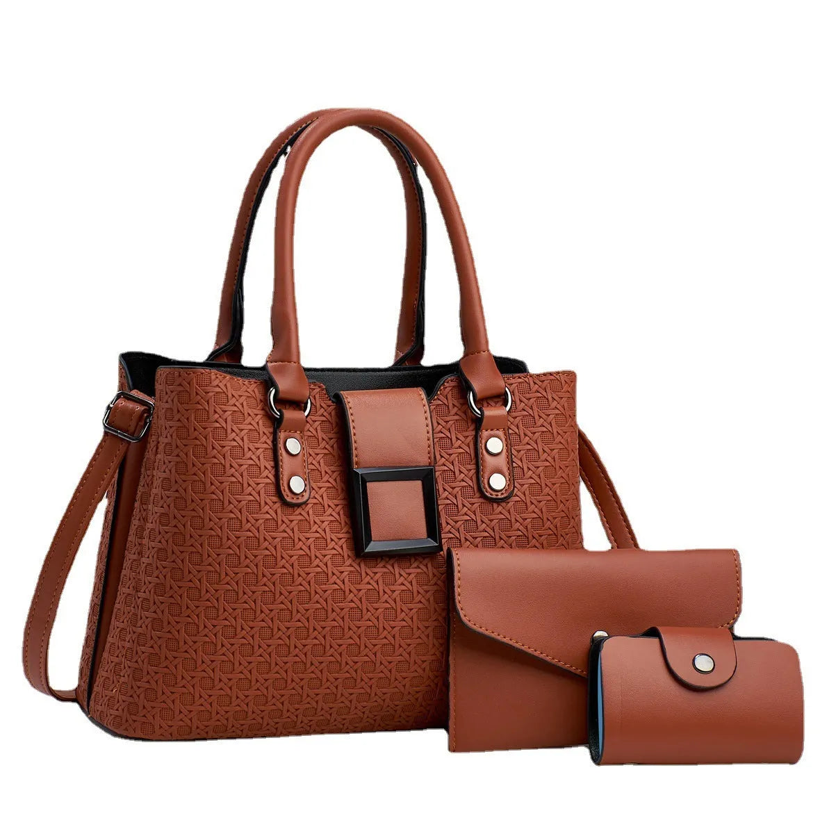 Women's three-piece crossbody bag set in square vertical shape with multiple compartments and textured design