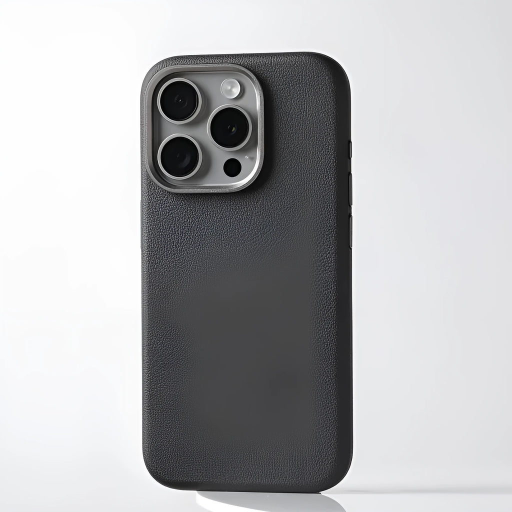 Black MagSafe magnetic leather protective phone case with alloy lens cover for iPhone