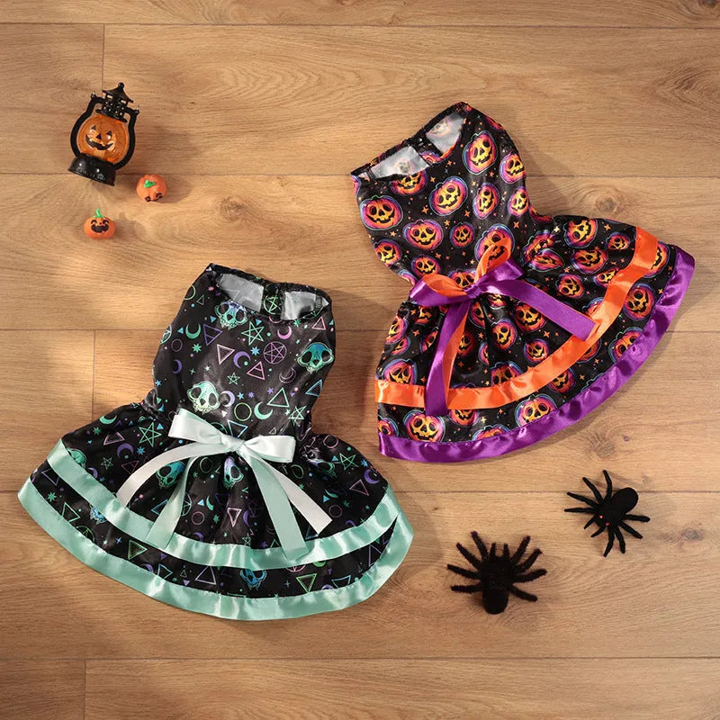 Colourful double-layer Halloween dog skirt with pumpkin print, shown in size M.