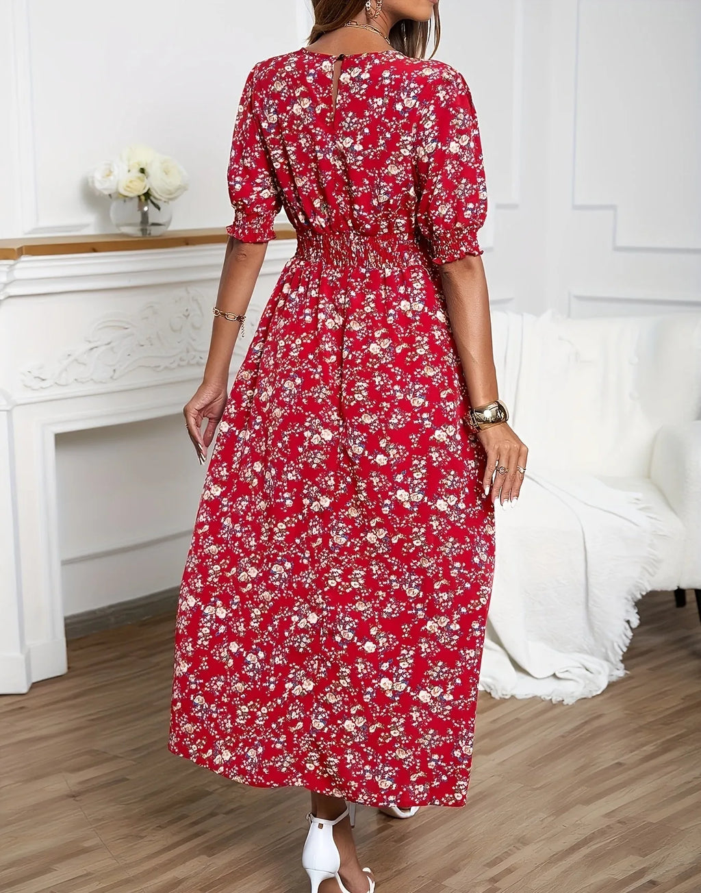 Women's floral print waist-cinching bubble sleeve dress with high waist long skirt in polyester fabric