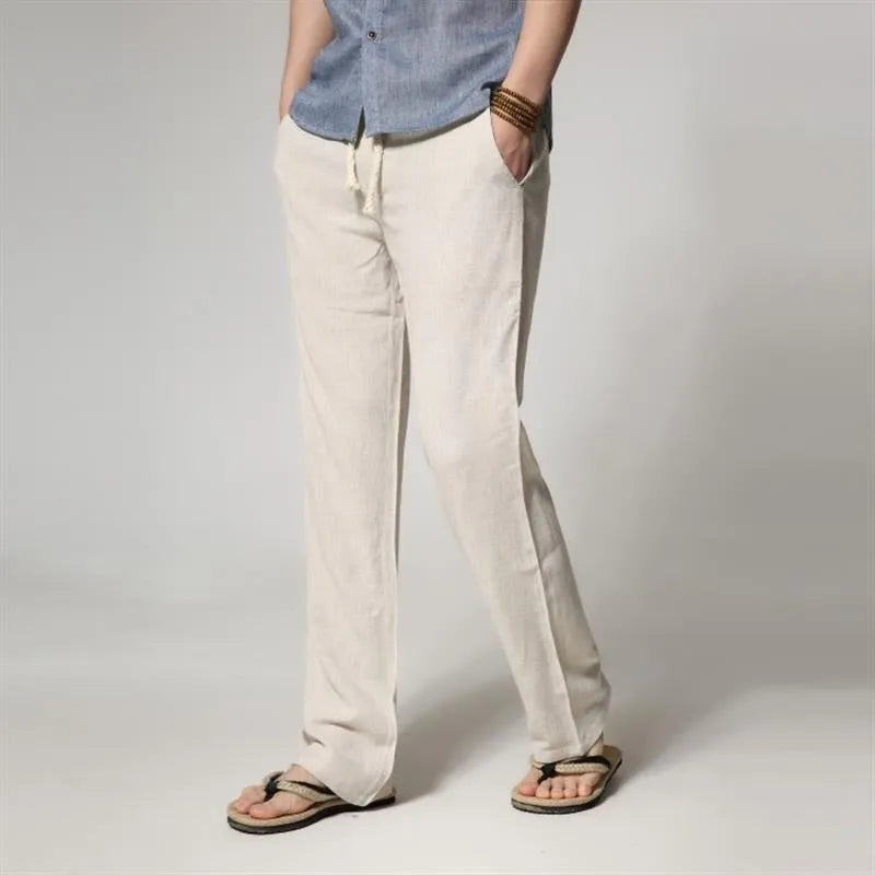 Men's straight leg casual trousers in a cotton linen blend, shown in a solid colour with a loose fit.