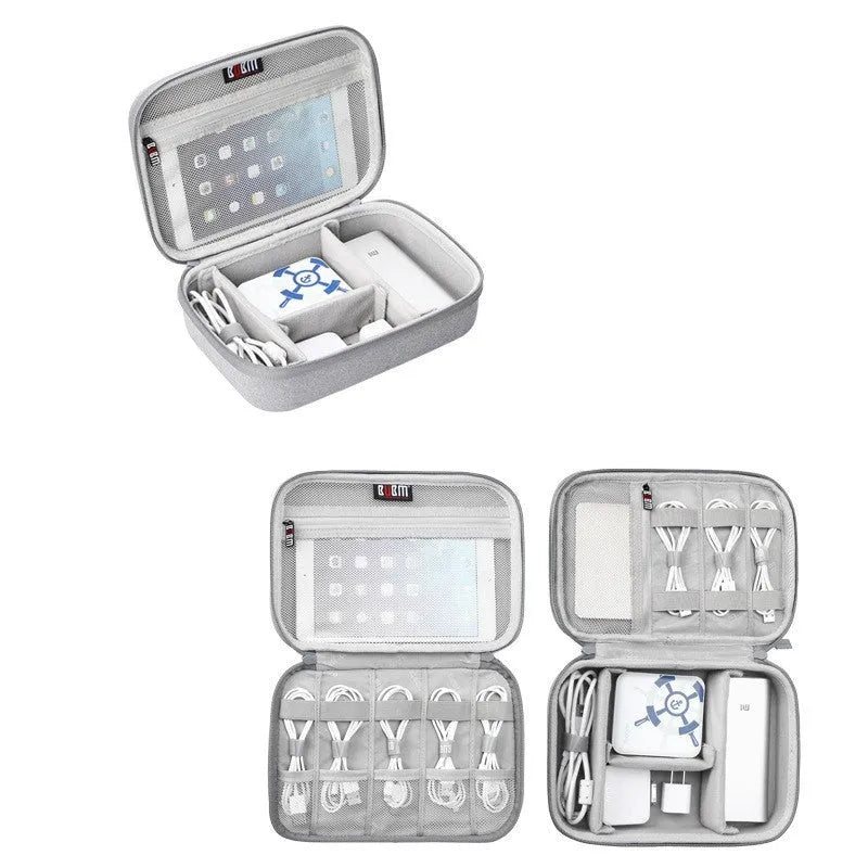 Simple modern EVA digital storage organiser bag for headphones and cables, shown in black or grey.