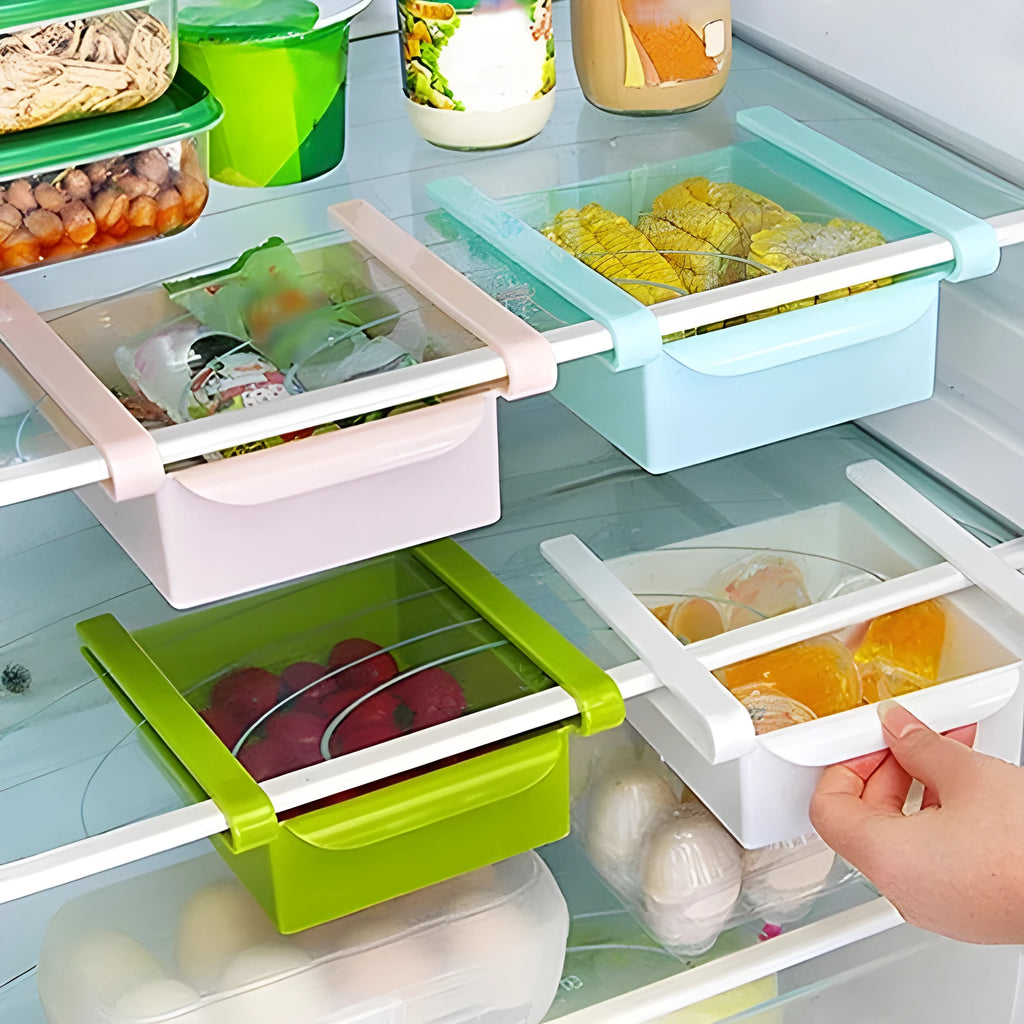 Hanging plastic refrigerator storage rack with drawer compartments and clapboard design for kitchen organisation