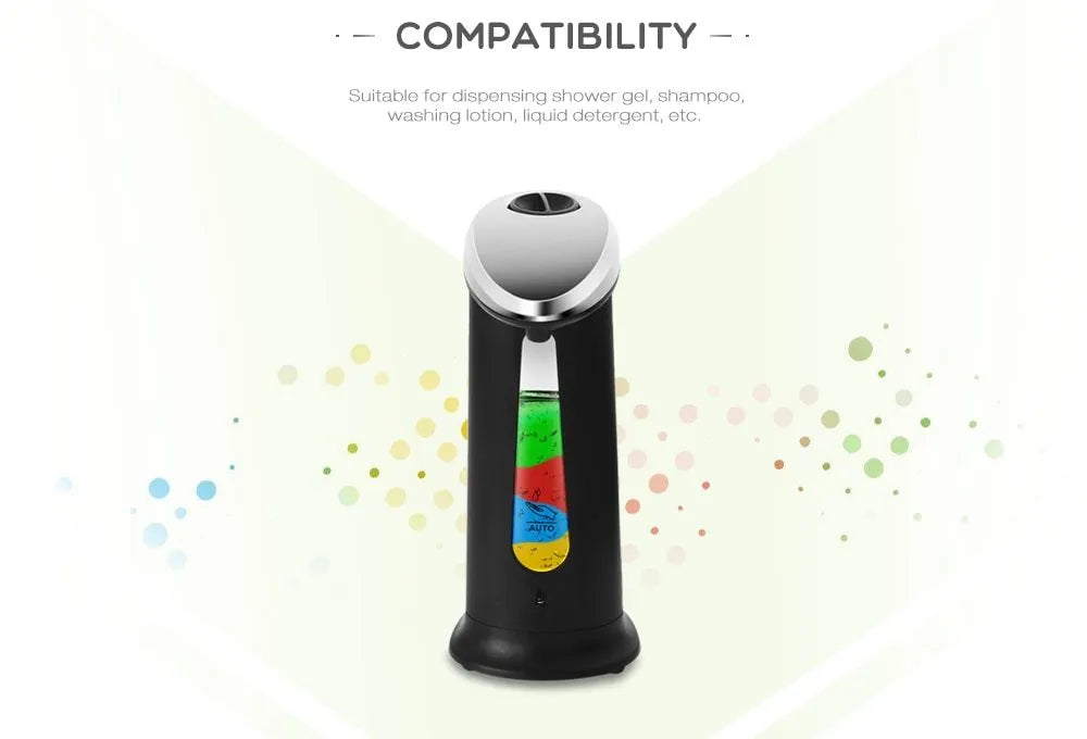 Black automatic touchless soap dispenser with infrared sensor, 400ml capacity, on a bathroom countertop