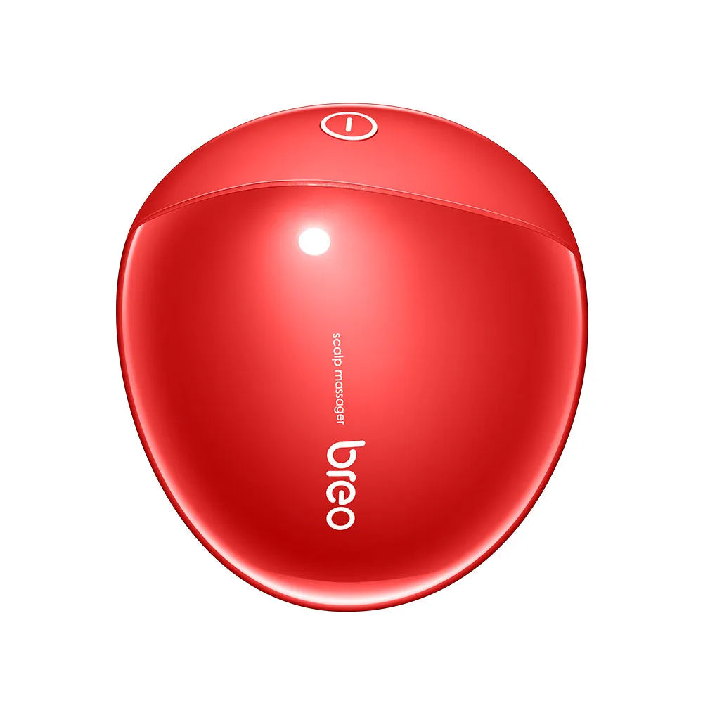 Red electric scalp massager with 2m power cord showing 110mm x 120mm x 82mm dimensions