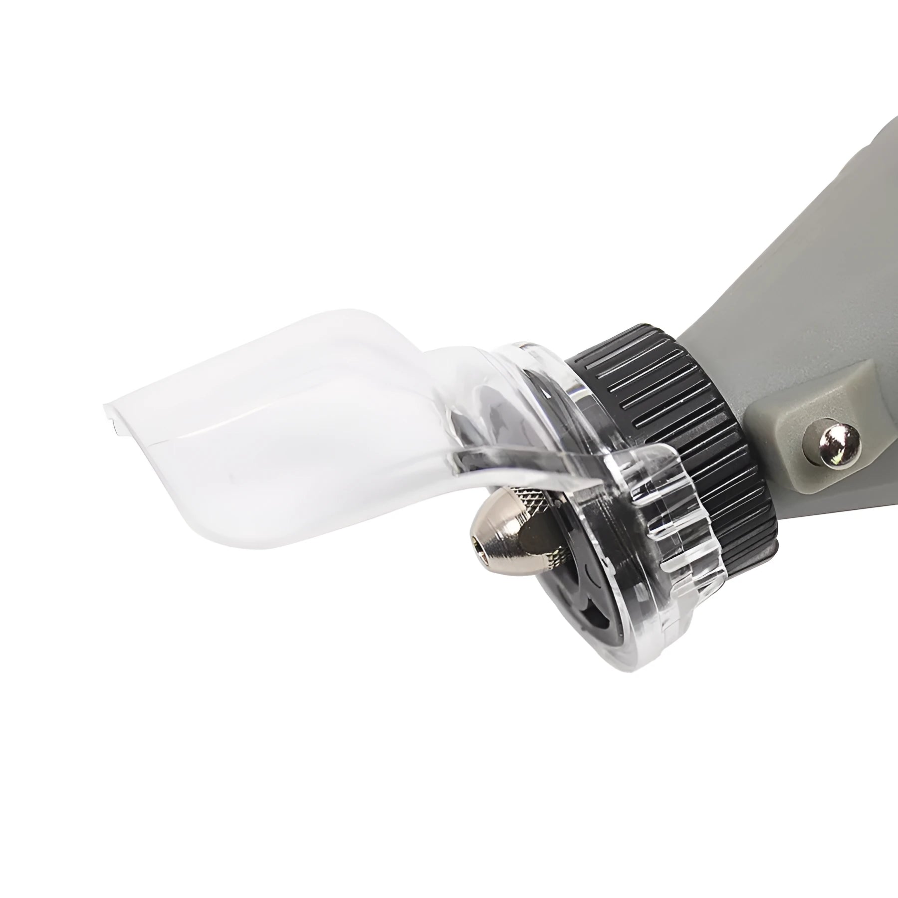Clear plastic Delta grinder protective horn cover with threaded mounting port.