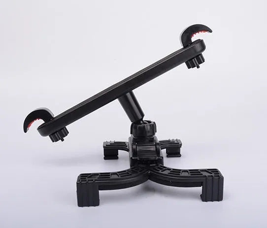 Black car tablet holder mounted on headrest with adjustable bracket for rear seat passengers
