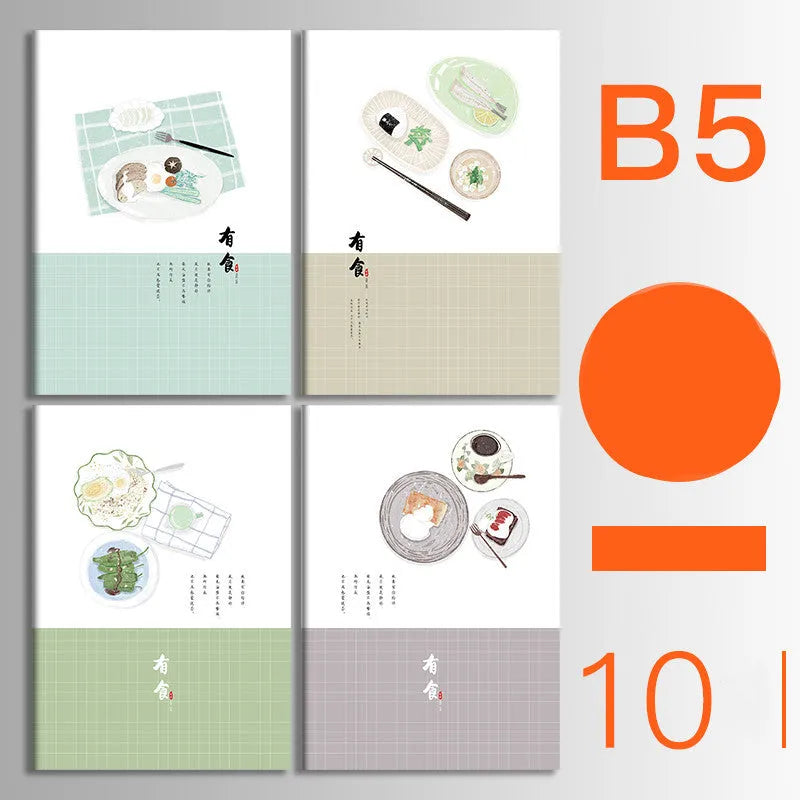 Pack of ten thread-bound A5 and B5 softcover notebooks showing multiple design styles including kraft paper and illustrated covers.
