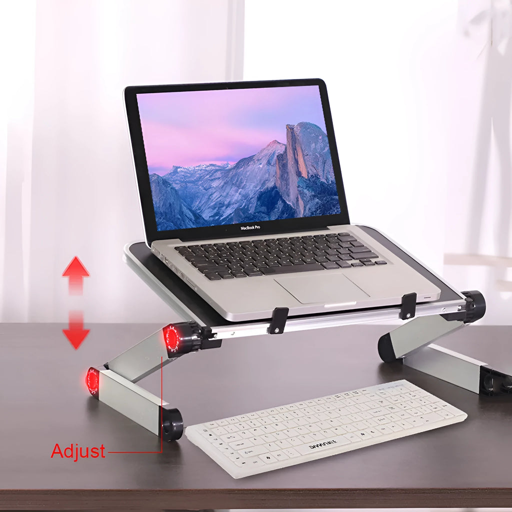Foldable laptop stand in black and white, 360 degree adjustable angle, on a desk with laptop
