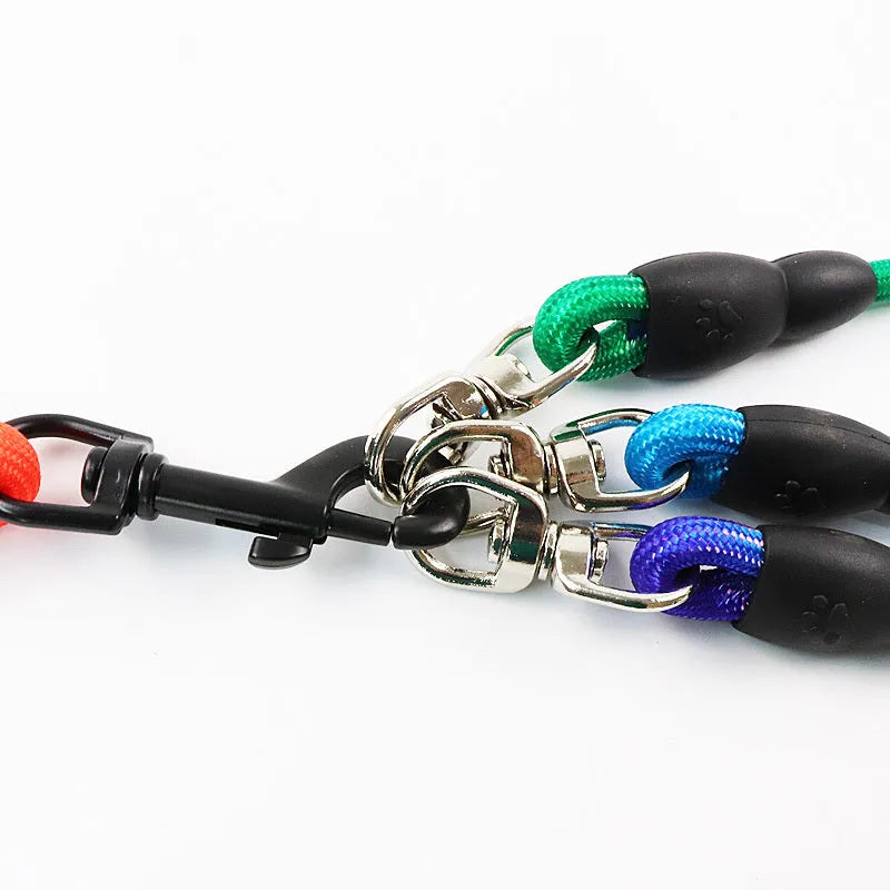 One drag three dogs pet rope leash in black, colorful, and red with size options XS to L for multi-dog walking
