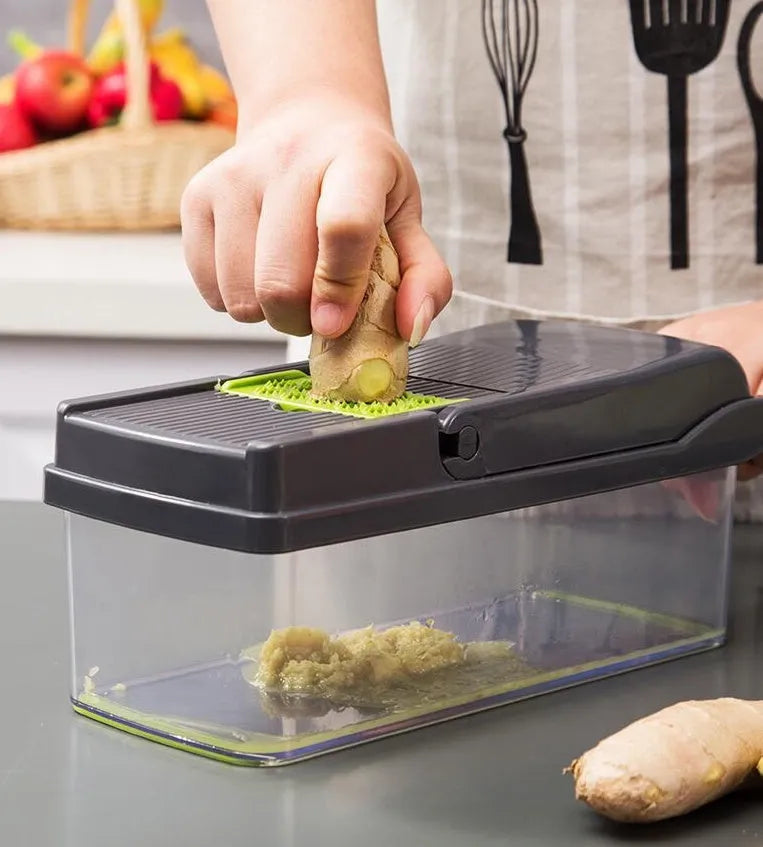 Multifunctional vegetable cutter with 7 stainless steel blades and wheat straw body in black, 31.8 cm