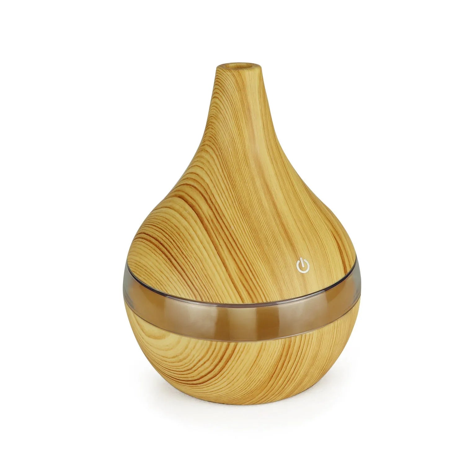 Columnar USB mini air purifier and humidifier in light wood grain finish on a desk.