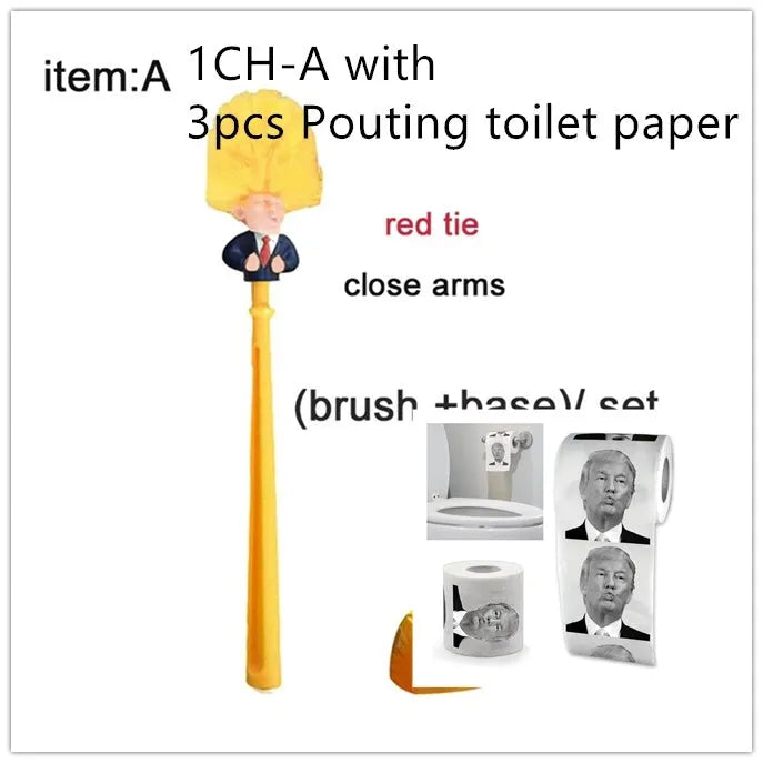 Yellow plastic Donald Trump toilet brush with hanging slot on handle.