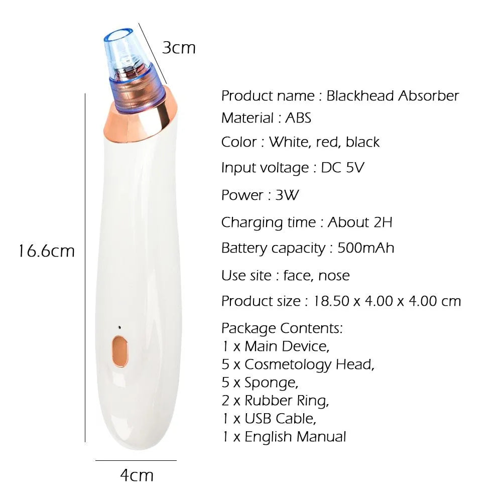 Black, gold, red, or white coloured electric blackhead removal tool with multiple nozzle tips