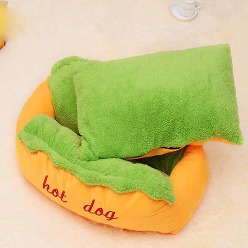 Hot dog shaped pet bed with flannelette mat, jean cloth sides, and anti-slip base for dogs and cats.