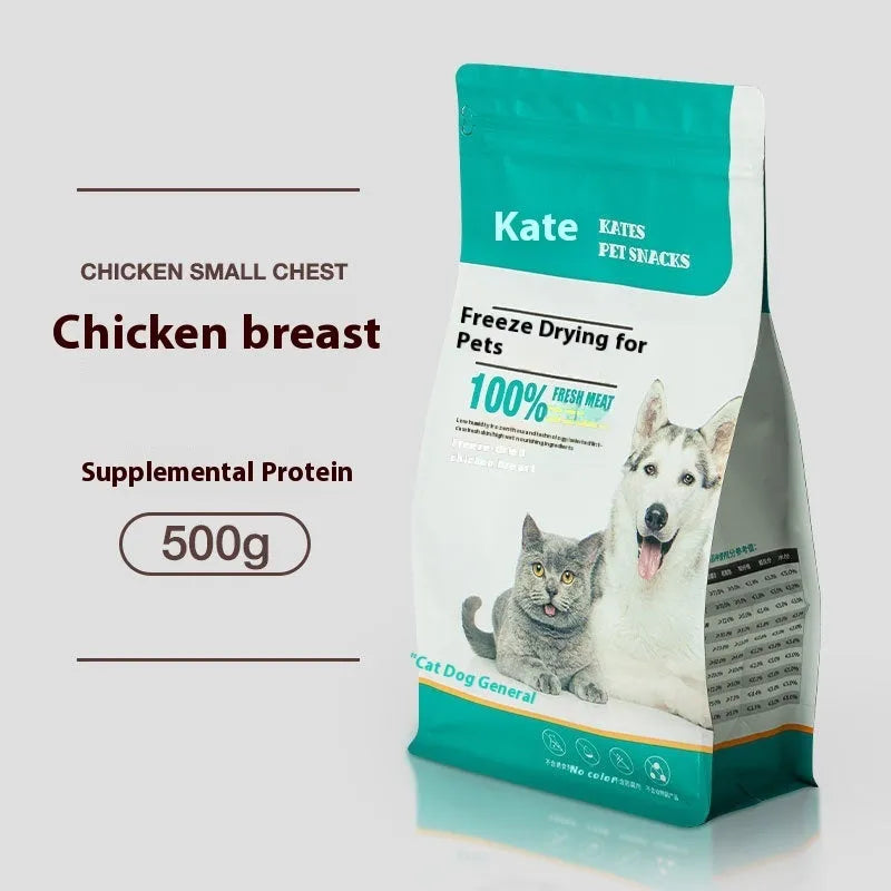 500g chicken freeze-dried cat treats in bag or can packaging showing high-grade chicken pieces
