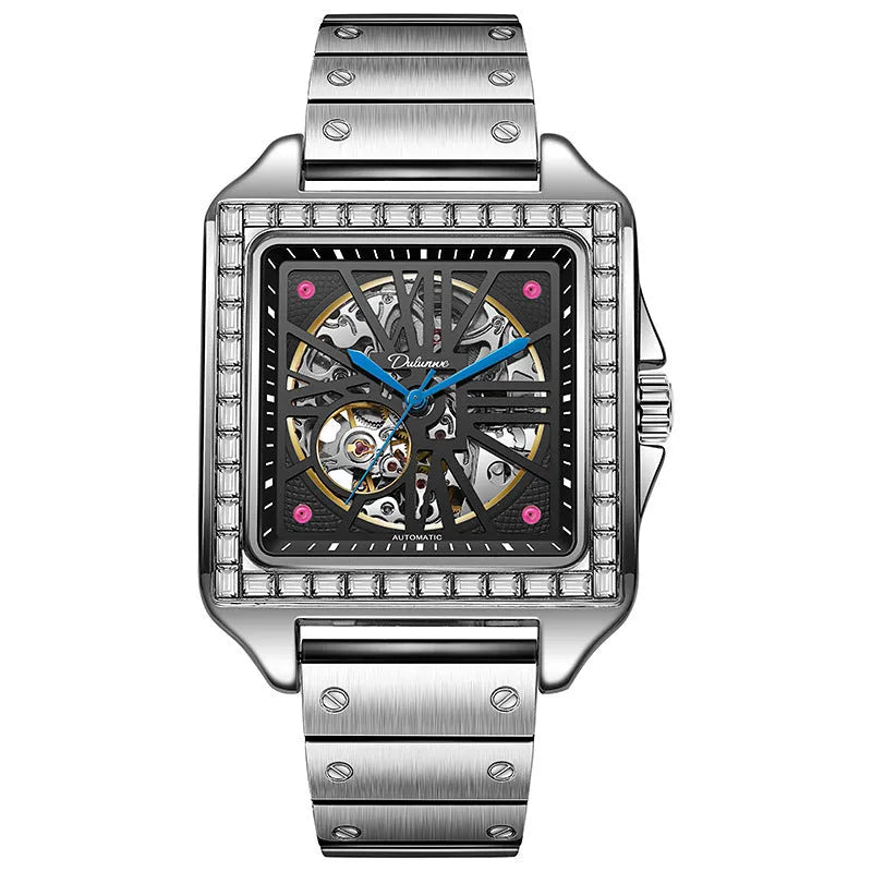 Men's square stainless steel automatic watch with diamond bezel on a black leather strap.